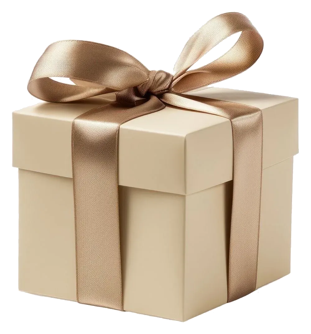 Caja de regalo color crema con un lazo de satén bronce