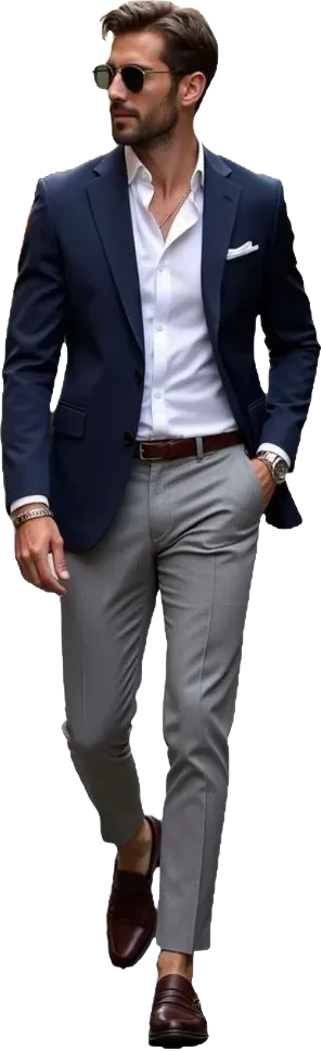 Invitado con americana azul marino y pantalón gris